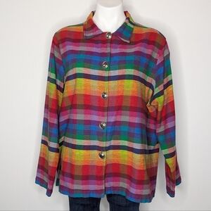 Willow Ridge Rainbow Colorful Plaid Cotton Button Up Long Sleeve Top 2XW